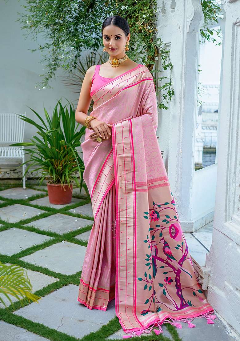 Baby Pink Zari Woven Faux Kanjivaram Silk Saree Set for Diwali | Wedding & Festive Wear - Indya