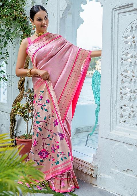 Baby Pink Zari Woven Faux Kanjivaram Silk Saree Set