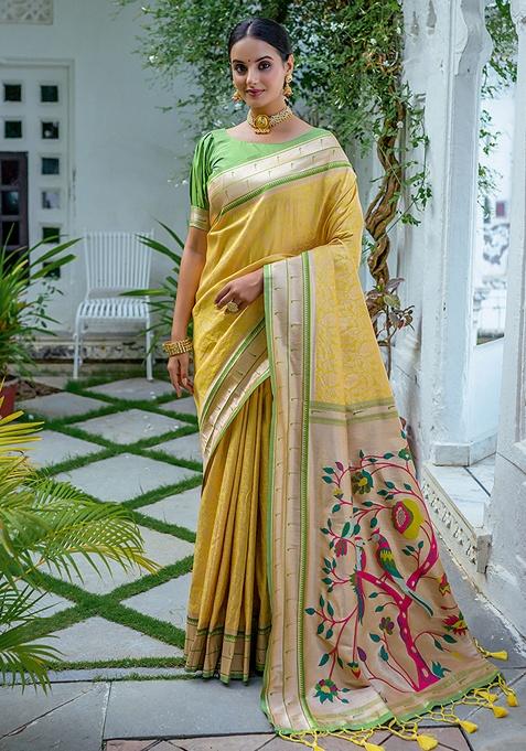 Yellow Zari Woven Faux Kanjivaram Silk Saree Set