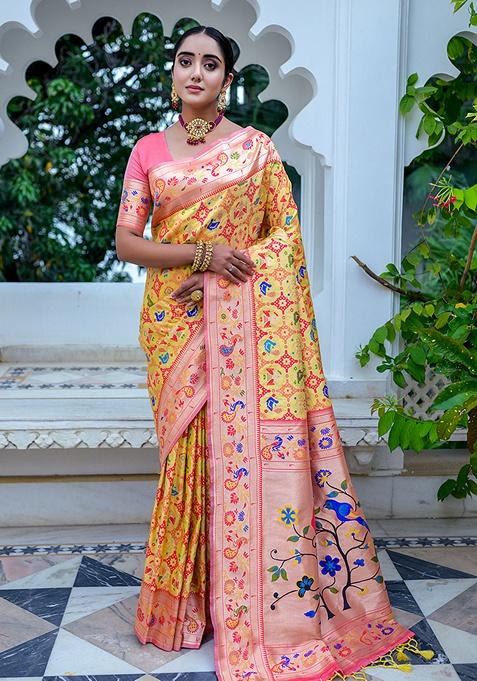 Yellow Contrast Print Paithani Silk Saree Set