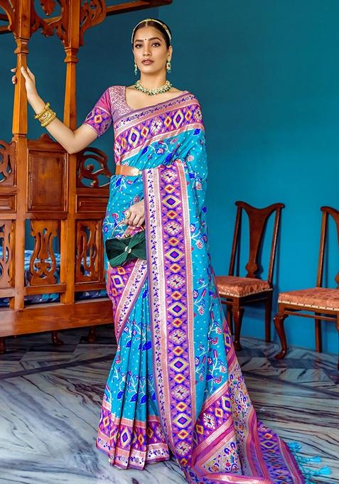 Teal Zari Woven Banarasi Silk Saree Set