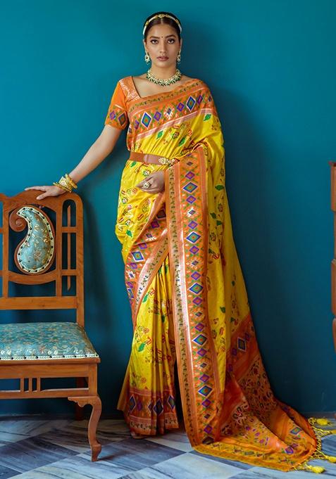 Yellow Zari Woven Banarasi Silk Saree Set