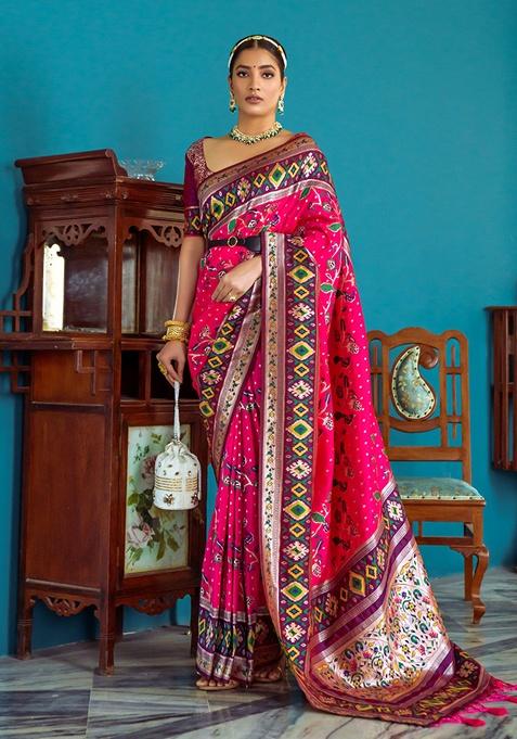 Rani Pink Zari Woven Banarasi Silk Saree Set