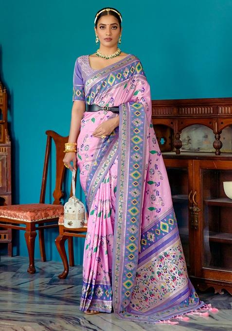 Light Purple Zari Woven Banarasi Silk Saree Set