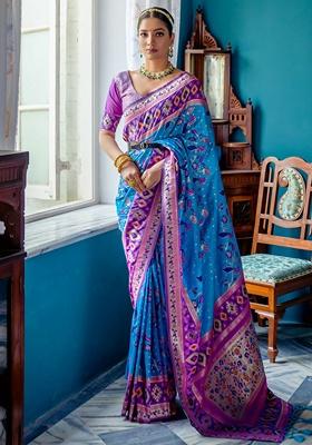 Sea Blue Zari Woven Banarasi Silk Saree Set