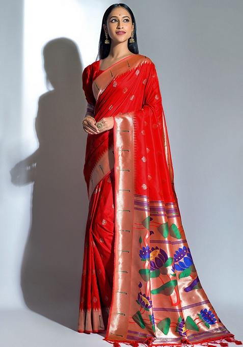 Red Zari Woven Banarasi Soft Silk Saree Set