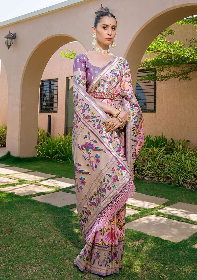 Baby Pink Zari Woven Banarasi Soft Silk Saree Set for Diwali | Wedding & Festive Wear - Indya
