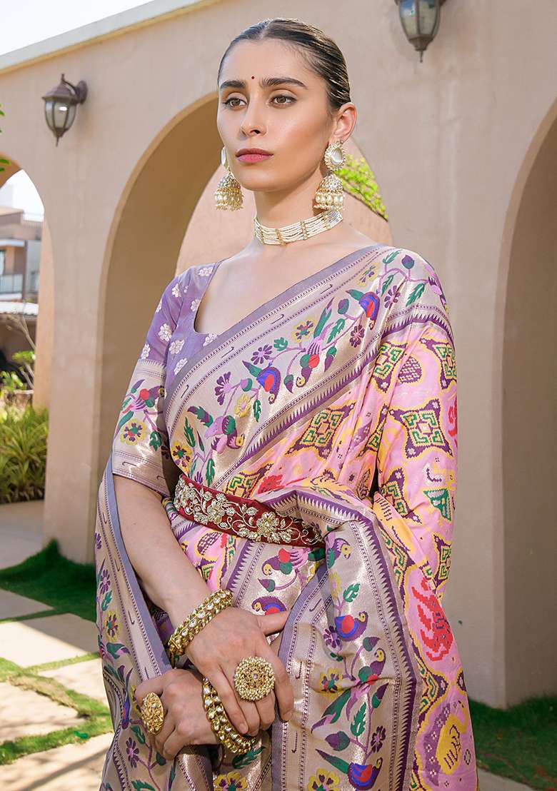 Baby Pink Zari Woven Banarasi Soft Silk Saree Set for Diwali | Wedding & Festive Wear - Indya