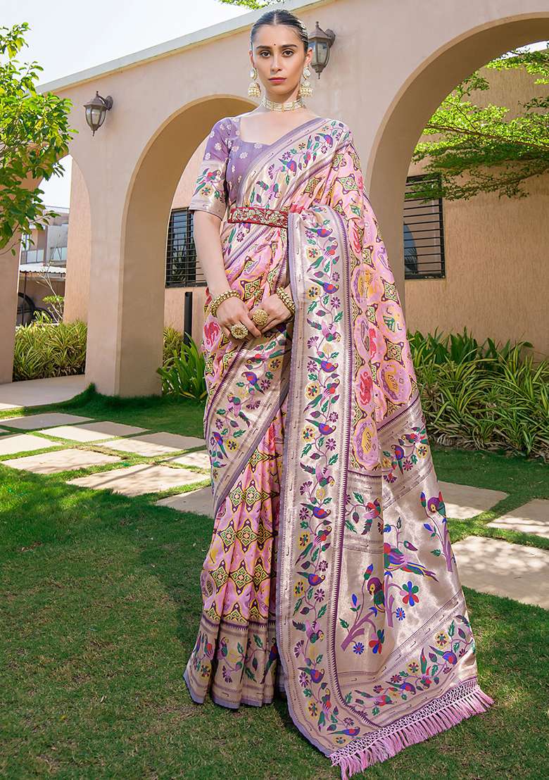 Baby Pink Zari Woven Banarasi Soft Silk Saree Set for Diwali | Wedding & Festive Wear - Indya