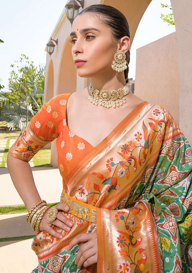 Green Zari Woven Banarasi Soft Silk Saree Set for Diwali | Wedding & Festive Wear - Indya