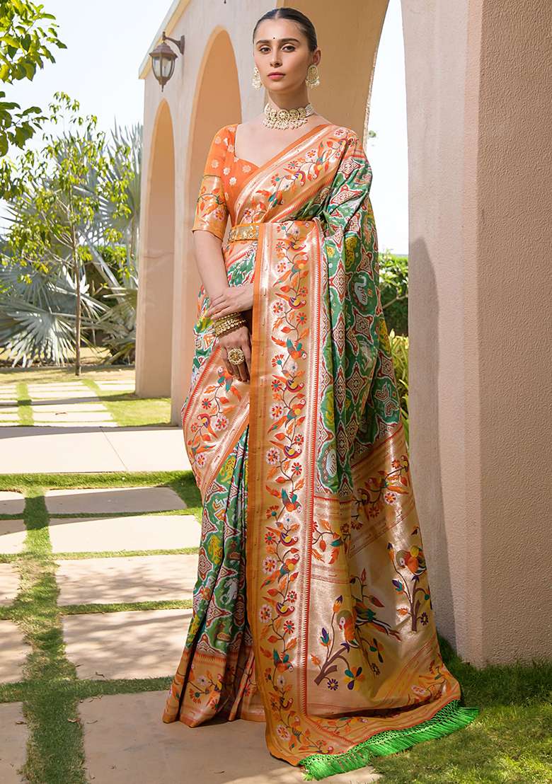 Green Zari Woven Banarasi Soft Silk Saree Set for Diwali | Wedding & Festive Wear - Indya