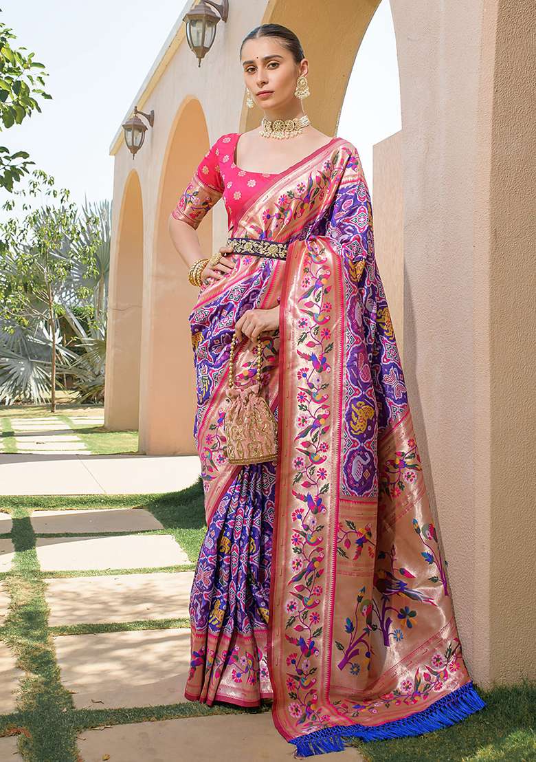 Purple Zari Woven Banarasi Soft Silk Saree Set for Diwali | Wedding & Festive Wear - Indya
