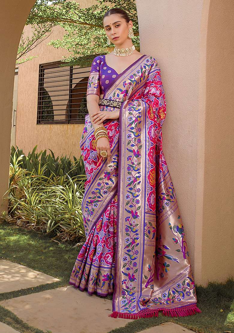 Rani Pink Zari Woven Banarasi Soft Silk Saree Set for Diwali | Wedding & Festive Wear - Indya