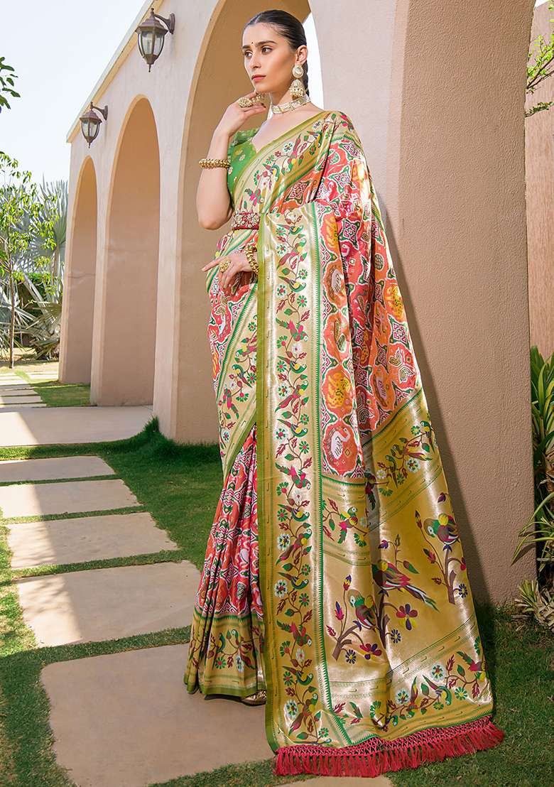 Orange Zari Woven Banarasi Soft Silk Saree Set for Diwali | Wedding & Festive Wear - Indya