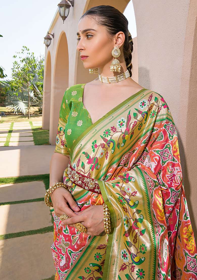 Orange Zari Woven Banarasi Soft Silk Saree Set for Diwali | Wedding & Festive Wear - Indya