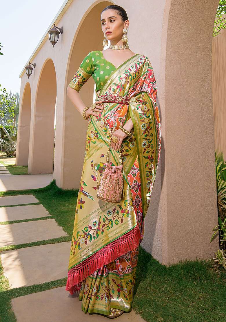 Orange Zari Woven Banarasi Soft Silk Saree Set for Diwali | Wedding & Festive Wear - Indya
