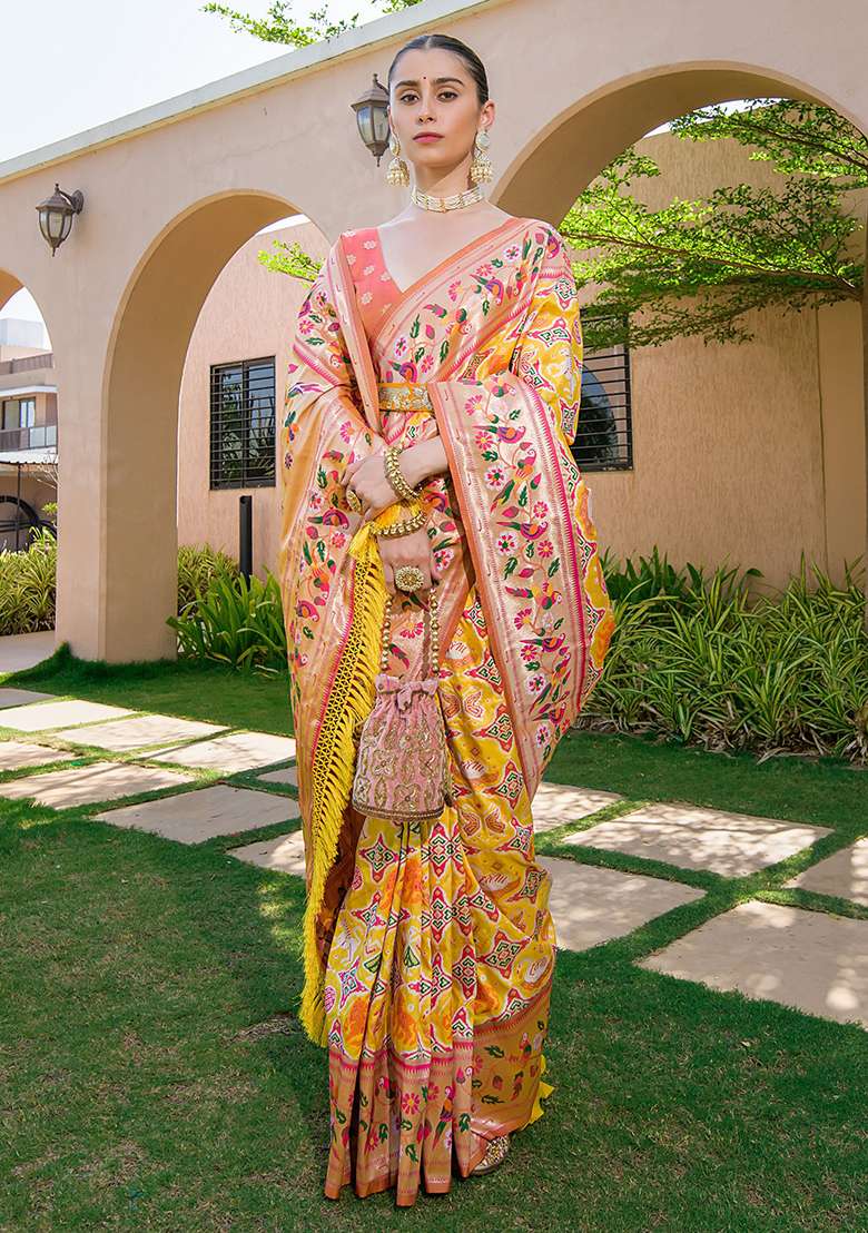 Yellow Zari Woven Banarasi Soft Silk Saree Set for Diwali and Festive Wear - Indya