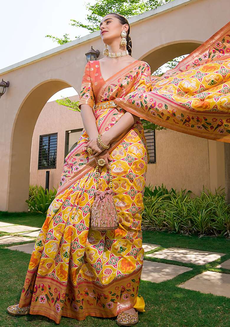 Yellow Zari Woven Banarasi Soft Silk Saree Set for Diwali and Festive Wear - Indya