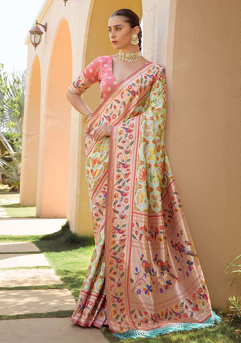 Light Green Zari Woven Banarasi Soft Silk Saree Set for Diwali and Festive Wear - Indya