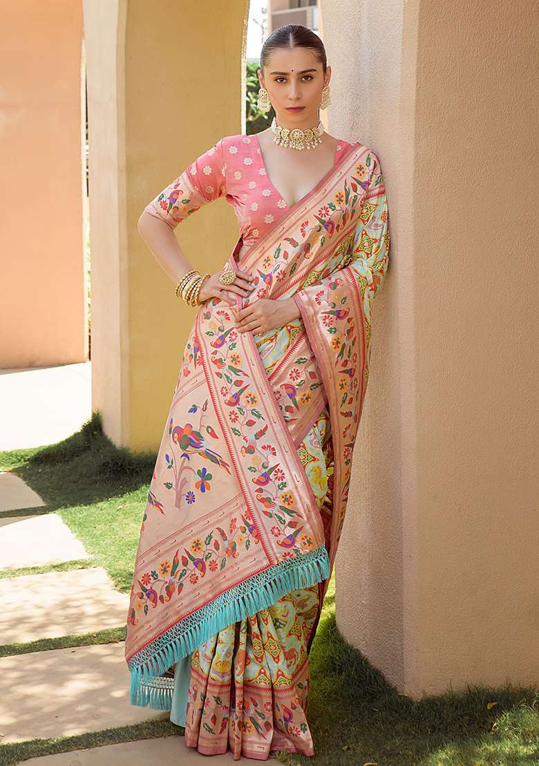 Light Green Zari Woven Banarasi Soft Silk Saree Set for Diwali and Festive Wear - Indya