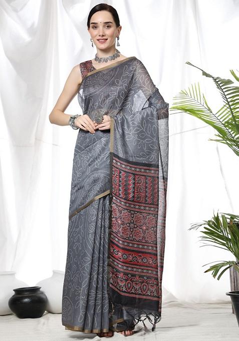 Grey Zari Woven Linen Cotton Saree Set