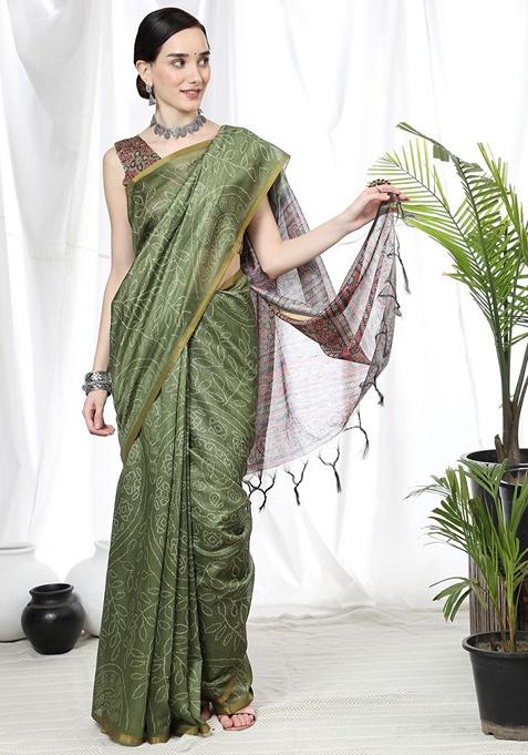 Olive Zari Woven Linen Cotton Saree Set