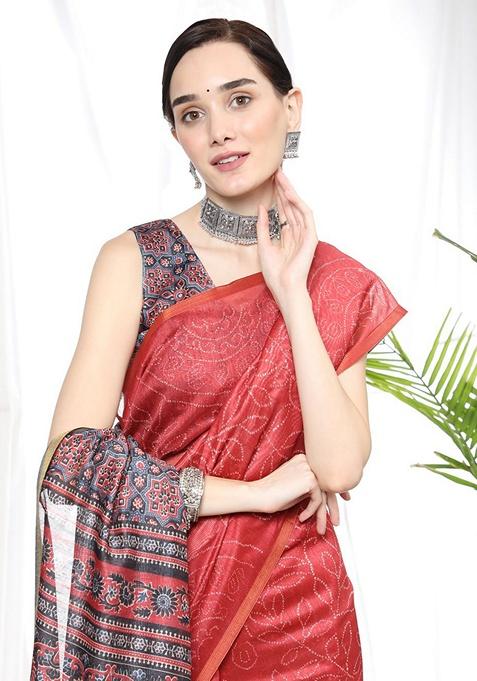 Red Zari Woven Linen Cotton Saree Set