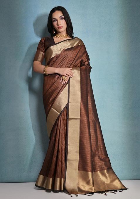 Coffee Brown Zari Woven Raw Silk Saree Set