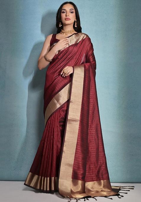 Maroon Zari Woven Raw Silk Saree Set