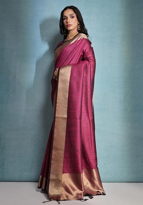 Rani Pink Zari Woven Raw Silk Saree Set