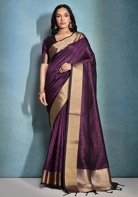 Wine Zari Woven Raw Silk Saree Set