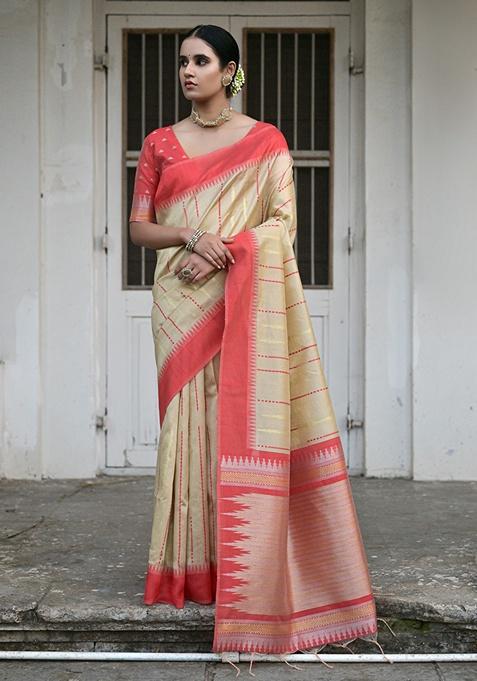 Chiku Brown Zari Woven Raw Silk Saree Set