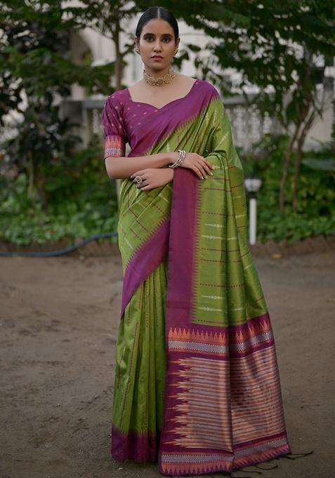 Mehendi Zari Woven Raw Silk Saree Set