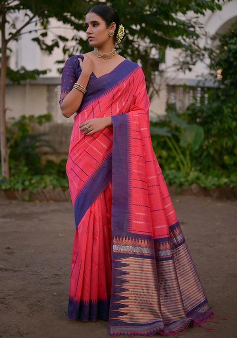 Rani Pink Zari Woven Raw Silk Saree Set