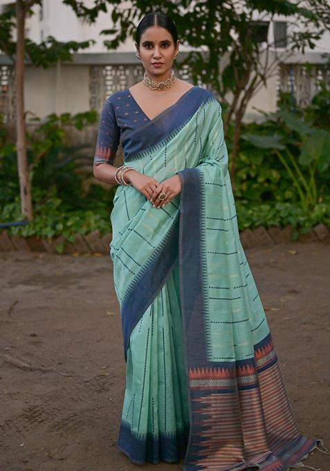 Green Zari Woven Raw Silk Saree Set