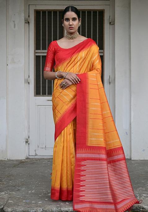 Yellow Zari Woven Raw Silk Saree Set