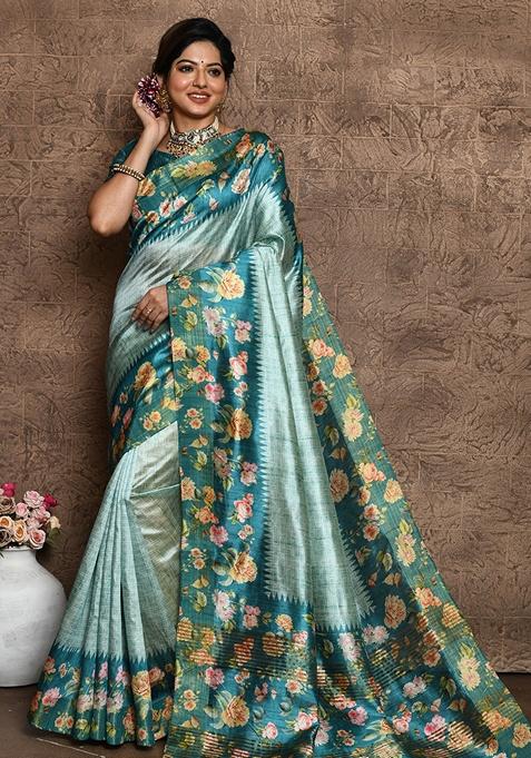 Dark Teal Contrast Print Tussar Silk Saree Set