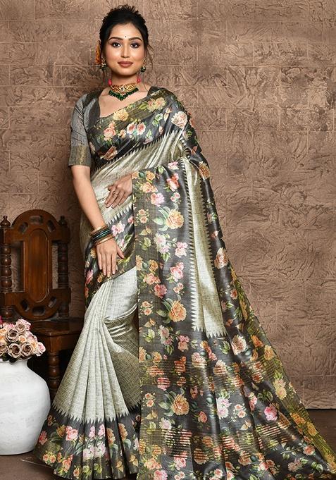 Grey Contrast Print Tussar Silk Saree Set