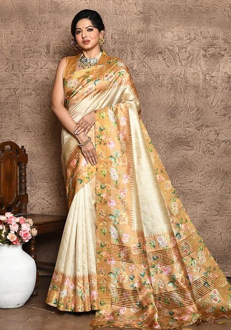 Yellow Contrast Print Tussar Silk Saree Set