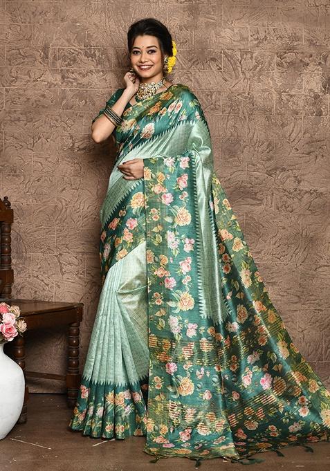 Teal Contrast Print Tussar Silk Saree Set