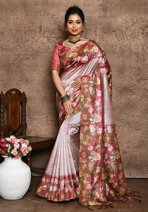 Pink Contrast Print Tussar Silk Saree Set