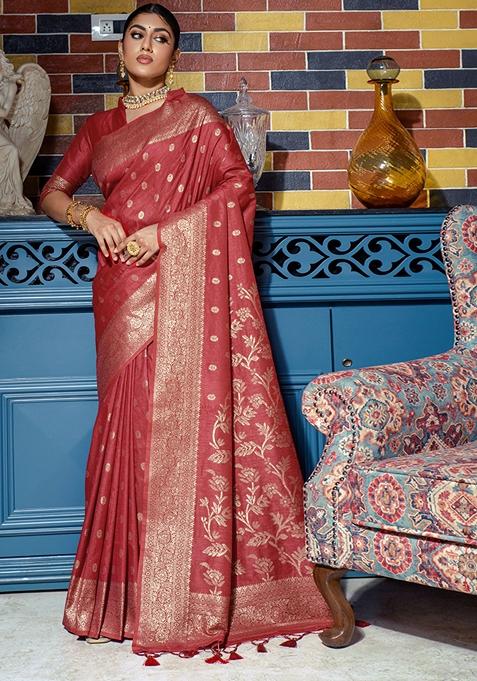 Maroon Zari Woven Raw Silk Saree Set