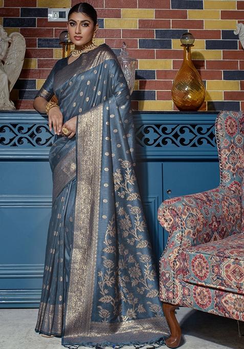 Grey Zari Woven Raw Silk Saree Set