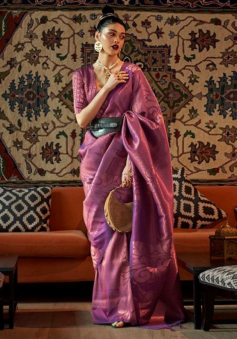 Lavender Zari Woven Silk Blend Saree Set