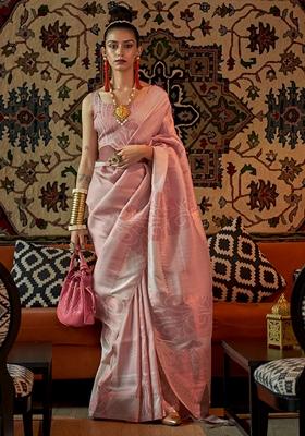 Baby Pink Zari Woven Silk Blend Saree Set