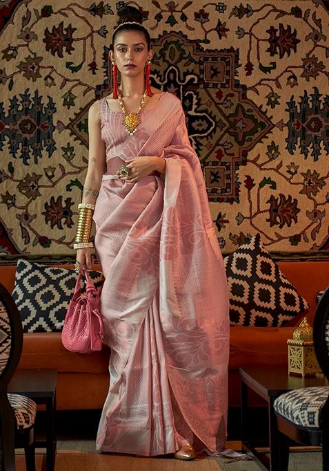 Baby Pink Zari Woven Silk Blend Saree Set