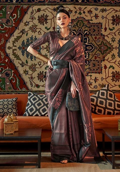 Black Zari Woven Silk Blend Saree Set