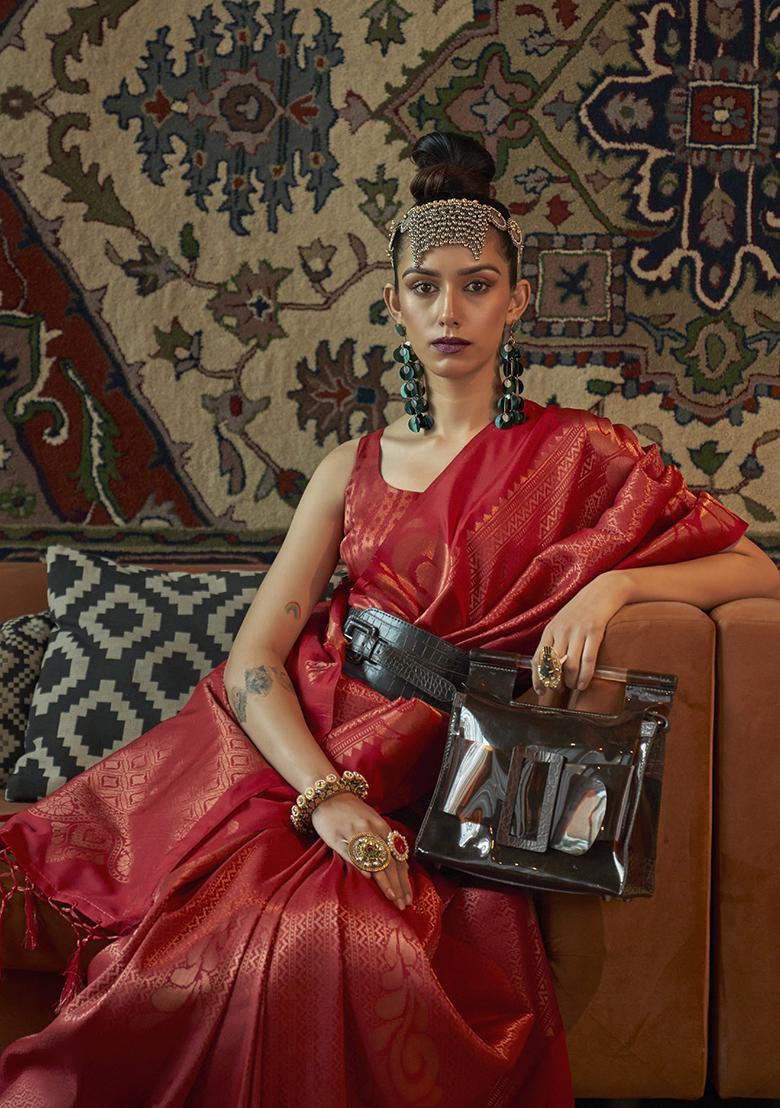 Red Zari Woven Silk Blend Saree Set