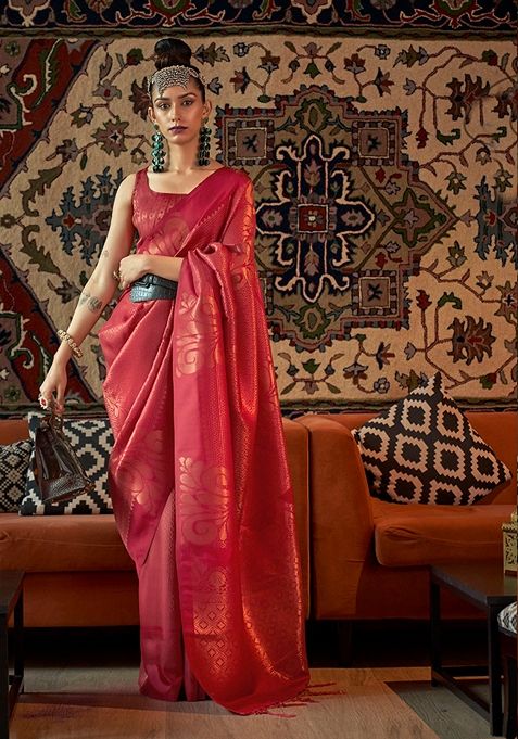 Red Zari Woven Silk Blend Saree Set