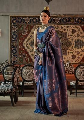 Blue Zari Woven Silk Blend Saree Set